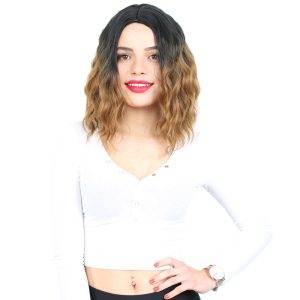 Fiber Sentetik Kısa Dalgalı Perçemsiz Peruk - Siyah - Karamel Ombreli