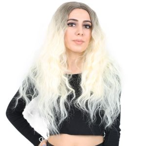 Kabarık Dalgalı Uzun Fiber Sentetik Peruk - Küllü Açık Kahve - Platin Ombreli