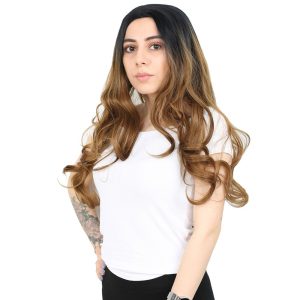 Yoğun Dalgalı Fiber Sentetik Uzun Perçemsiz Peruk - Siyah - Karamel Ombreli